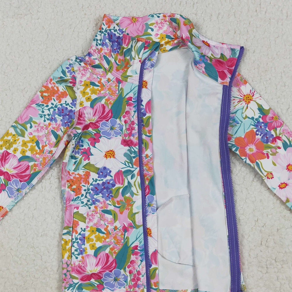 RTS NO MOQ （In stock）GT1061 Baby Girls  Yoga Tops Baby Girls Long Sleeves Pink Lavender Floral Pockets Zipper Yoga Jackets