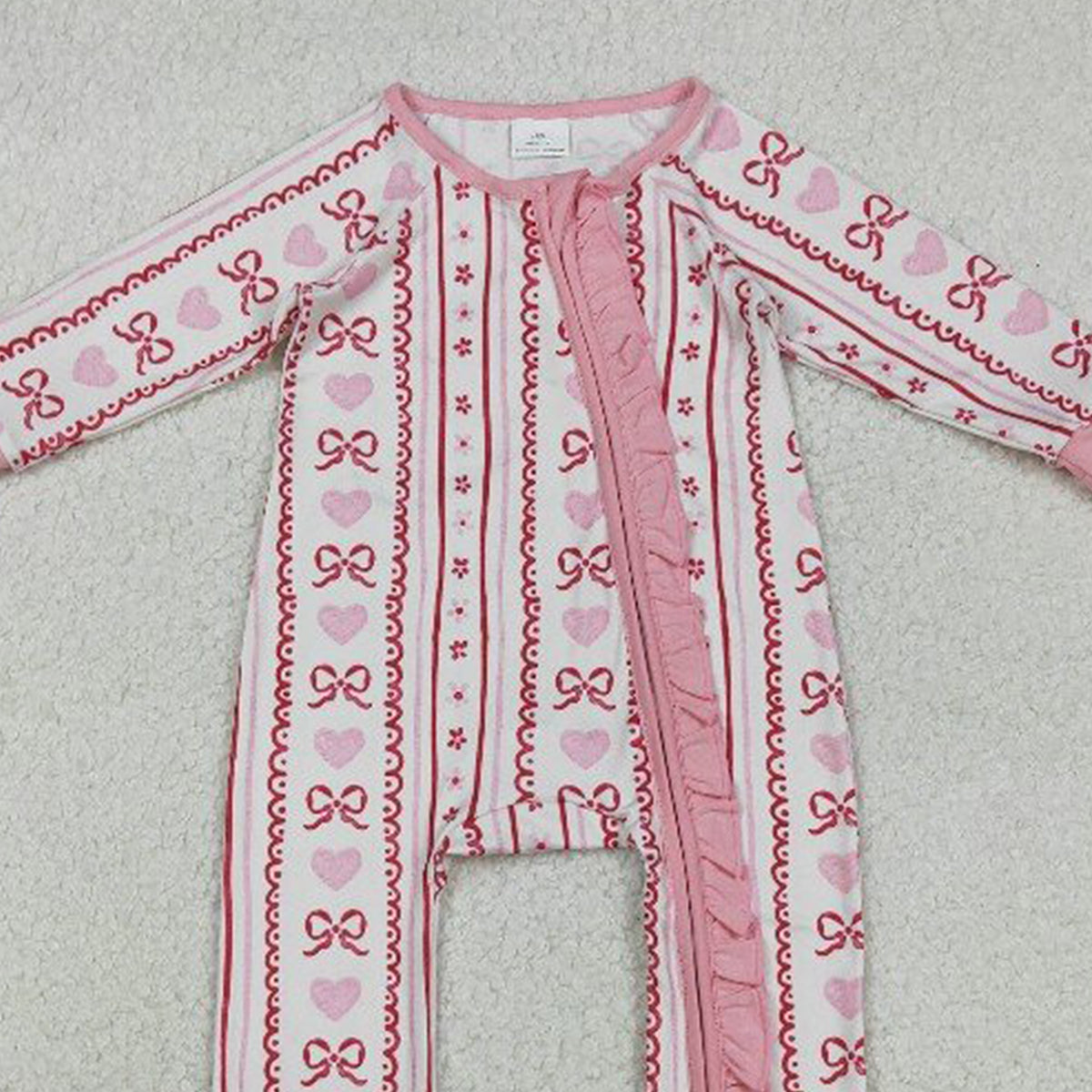 11.18 RTS NO MOQ （In stock）LR2781 Baby Girls Winter Rompers Baby Girls Pink Bows Hearst Stripe Valentines Two Way Ruffle Zip Convertible Rompers