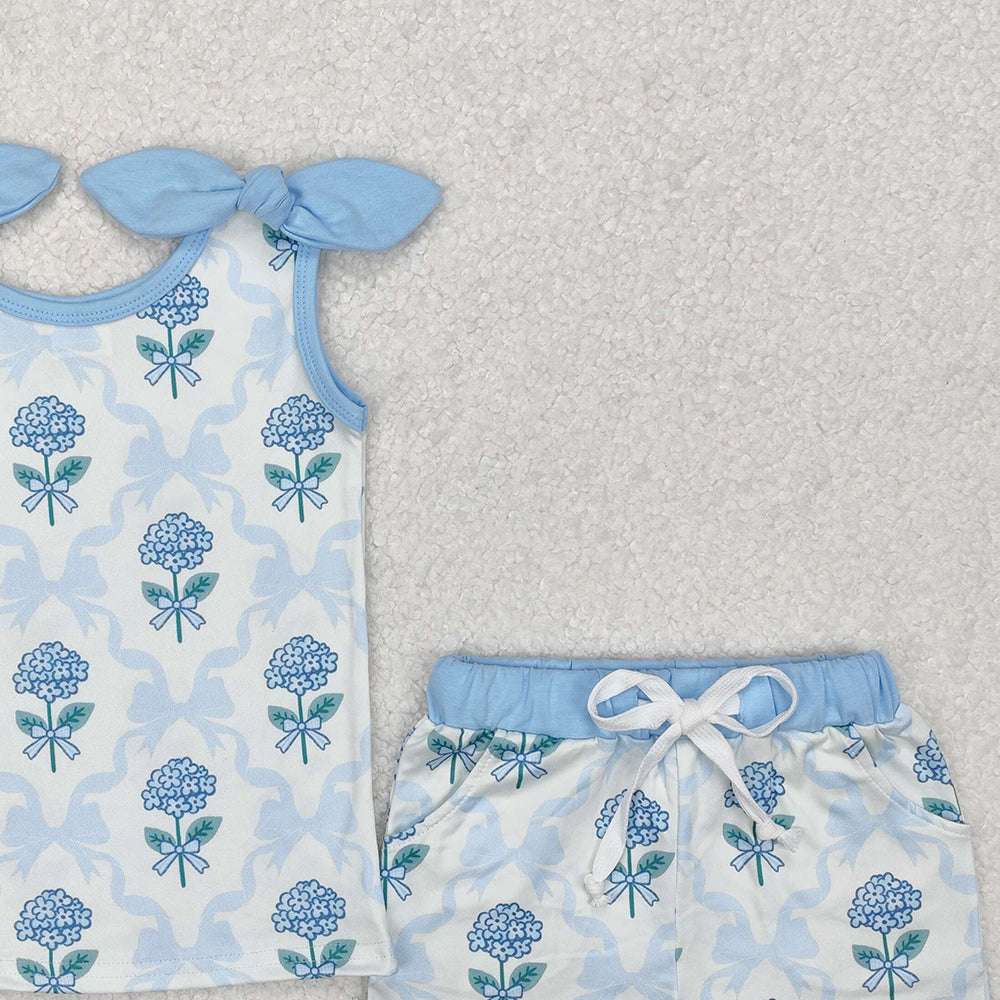 GSSO2079Kids Girls Light Blue Bow Floral Top Shorts Set Cute Floral Print Outfit for Little Girls Ages 4-12
