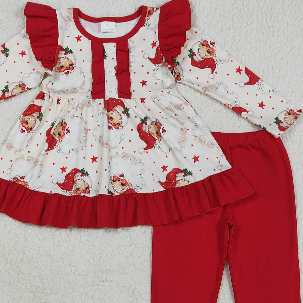 RTS NO MOQ （In stock）GLP2558 Baby Girls Winter Outfits Baby Girls Long Sleeves Santa Stars Button Tunic Legging Pant Set