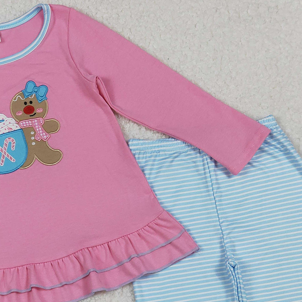RTS NO MOQ （In stock）GLP2467 Baby Girls Winter Outfits Christmas Gingerbread Tunic Blue Legging Pants Sets