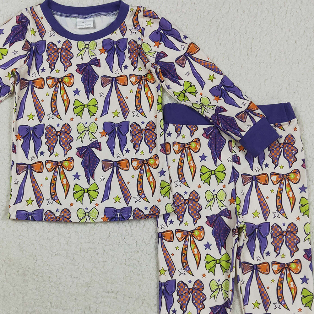 8.23 RTS NO MOQ （In stock）GLP2566 Baby Girls Winter Outfits Baby Girls Purple Green Bows Stars Plaid Top Pant Pajamas Set