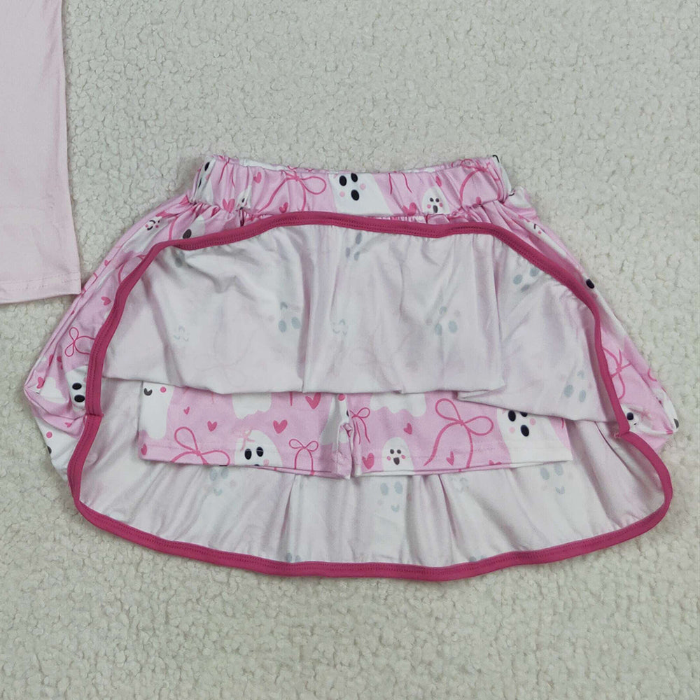 RTS NO MOQ （In stock）GSD2776Baby Girls Skirt Sets Baby Girls Pink Spooky Top Ghosts Bows Plaid Skorts Halloween Set