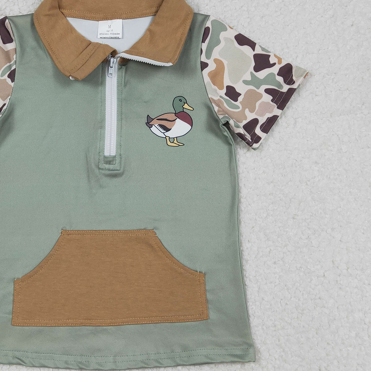 12.25 RTS NO MOQ （In stock）BT1530 Baby Boys Southern Camo Short Sleeve Ducks Zip Pockets Hunting Pullovers Top