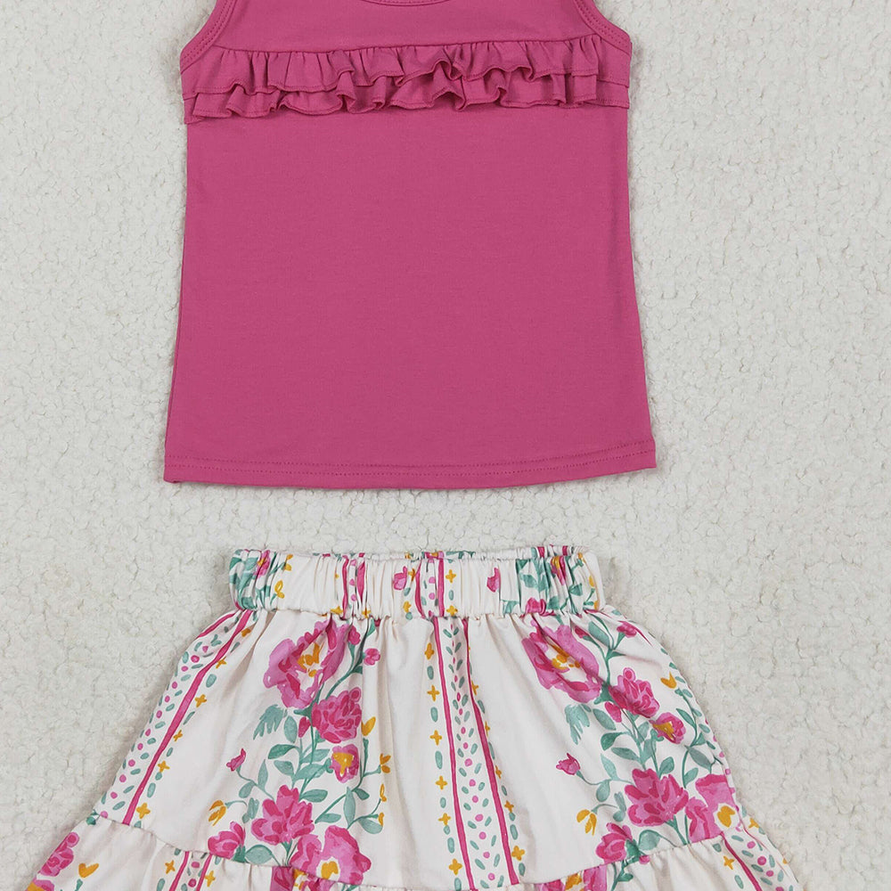 7.15 GSD2104RTS NO MOQ Baby Girls Summer Outfits Baby Girls Hot Pink Sleeveless Top Ruffle Floral Stripe Skirt Set