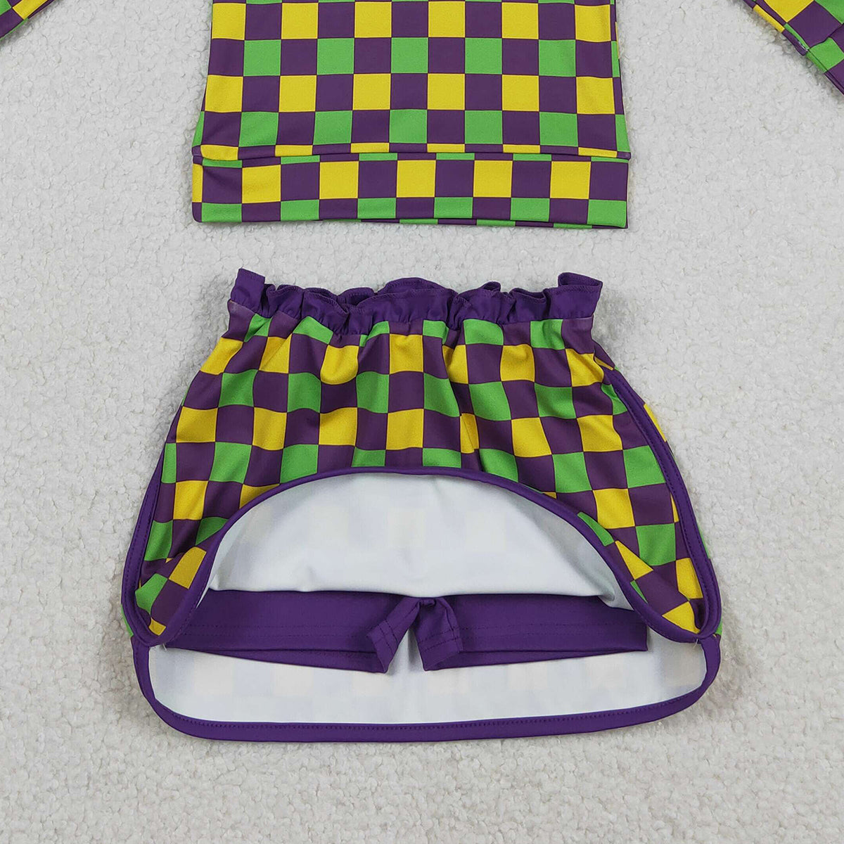 12.15 RTS NO MOQ （In stock）GLD1362 Baby Girls Mardigras Checked Zipper Pullovers Skirt Shorts Yoga Clothes Set