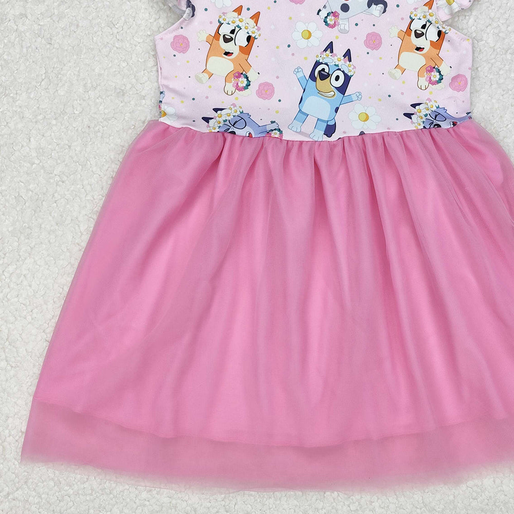 GSD1789Kids Girls Pink Floral Tulle Dress with Flutter Sleeves Dog Pattern Cute Children's Party Wear