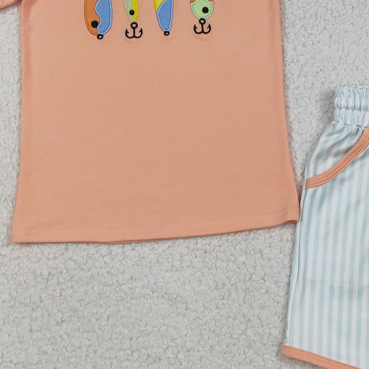 12.23 RTS NO MOQ （In stock）BSSO1606 Embroidery Fishing Baby Boys Shirts Stripe Pockets Shorts Hunting Clothes Sets