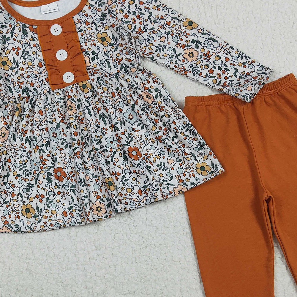 8.22 RTS NO MOQ （In stock）GLP2404 Baby Girls Winter Outfits Baby Girls Fall Orange Floral Button Tunic Icing Legging Outfits Sets
