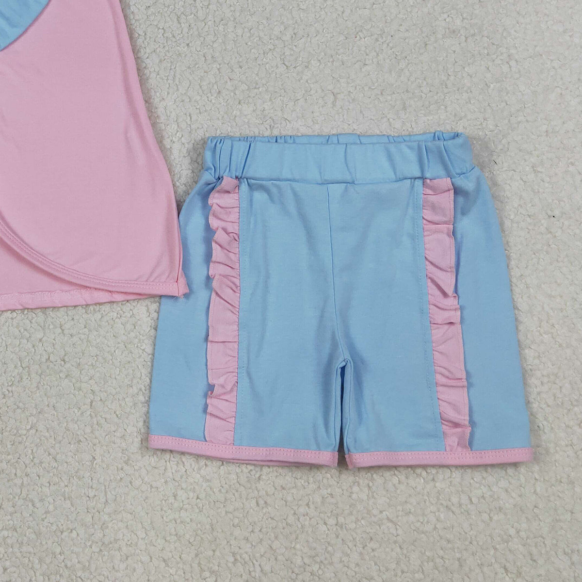 4.1 RTS NO MOQ （In stock）GSSO3462 Sleeveless bow pink tunic light blue shorts girls summer outfits