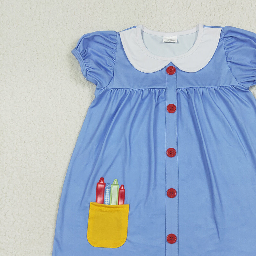 8.13  GSD1821 RTS NO MOQ Baby Girls Summer Dress Baby Girls Apple Back To School Buttons Dresses