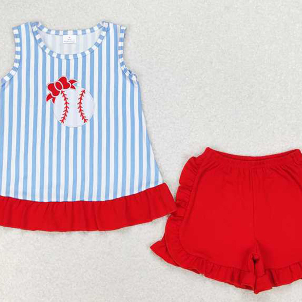 5.16  GSSO1019 RTS NO MOQ Stripe baseball bow top ruffle shorts girls clothes