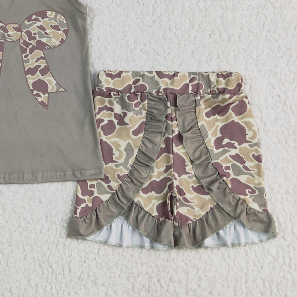USA Shop (in stock) GSSO1629 RTS NO MOQ Baby Girls Summer Outfits Baby Girls Dark Green Bows Vest Ruffle Shorts Clothes Sets