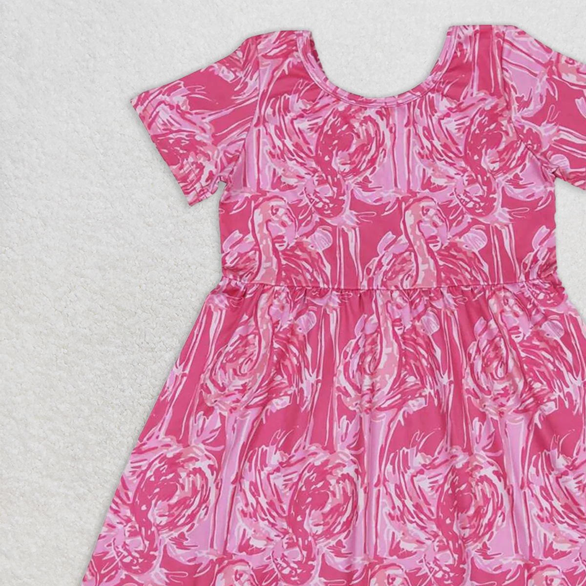 GSD1116 RTS NO MOQ Baby Girls Summer Dress Short sleeves hot pink watercolor flamingo girls summer dress