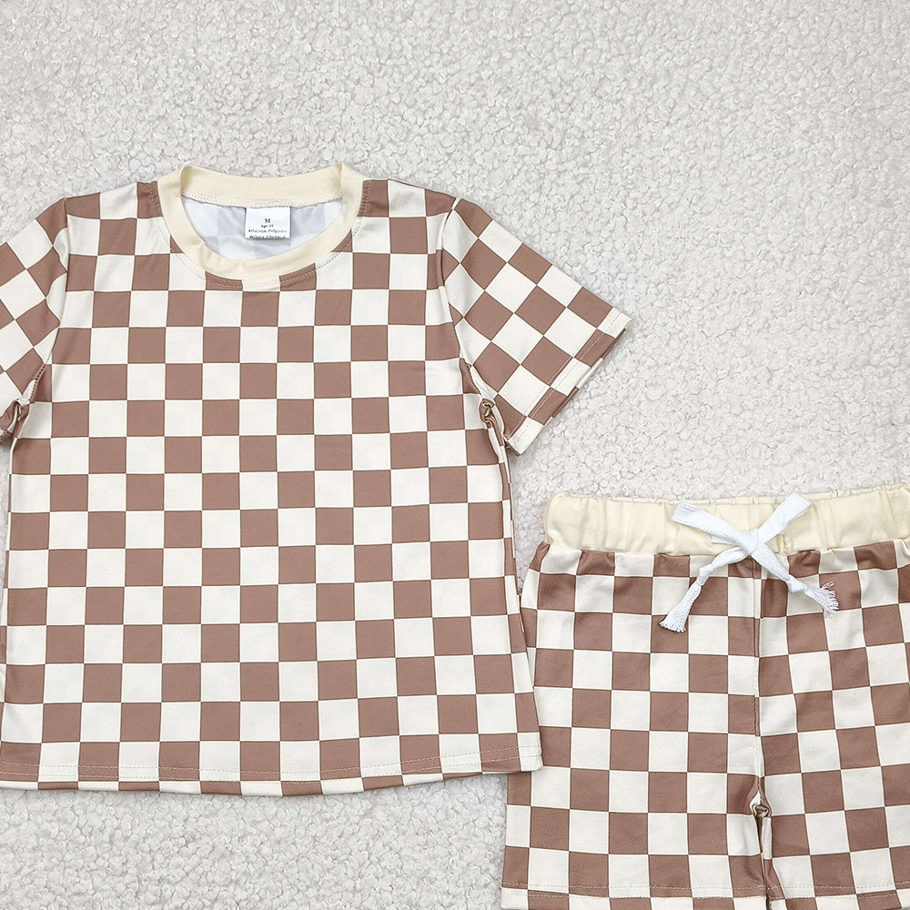 BSSO1422RTS NO MOQ  Baby Boys Summer Boys Outfits Khaki Plaid Baby Kids Summer Clothing Short Sleeve Comfortable Soft Polyester Square Patterned Romper for Infants