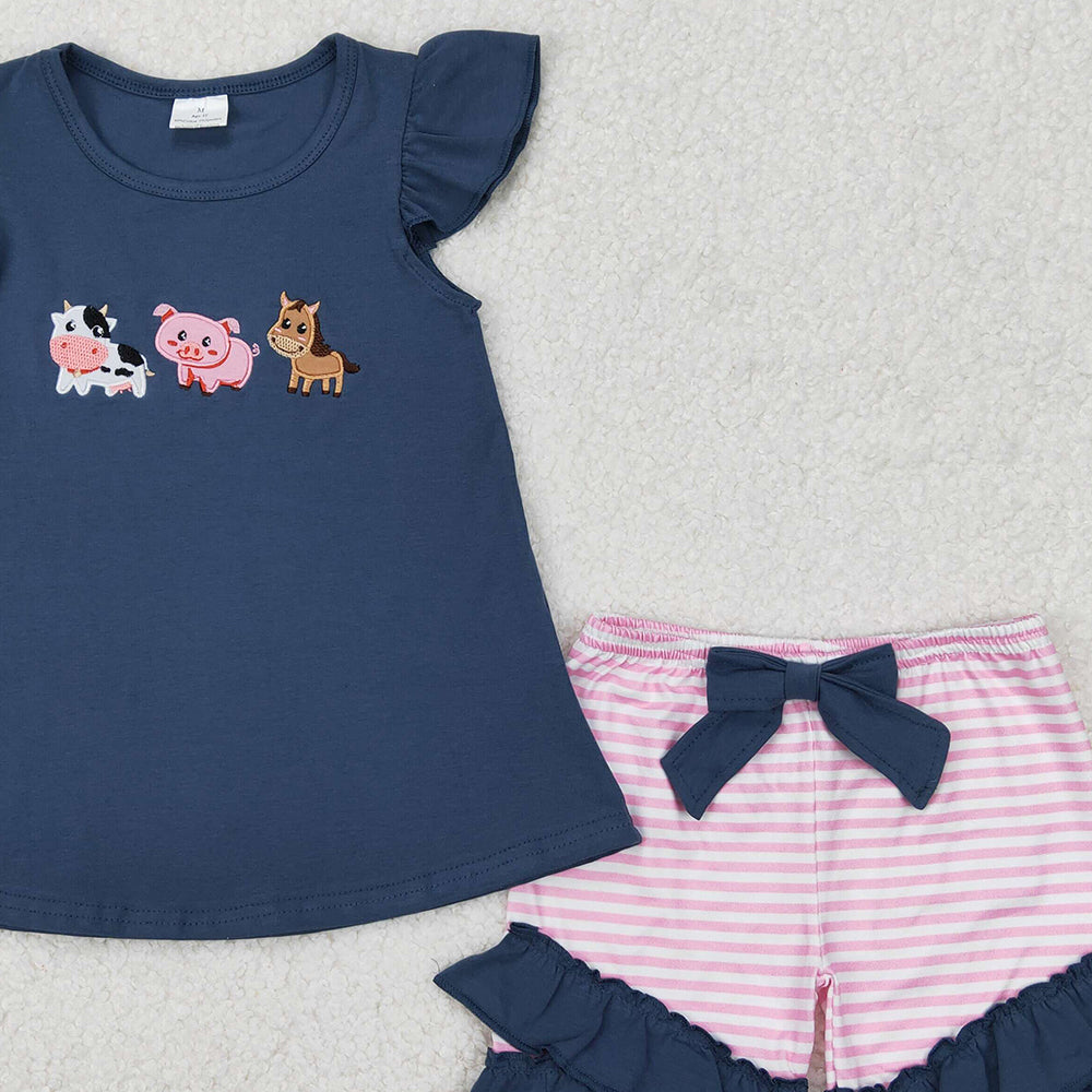 5.16 GSSO2110 RTS NO MOQ Cows pig horse top stripe shorts farm girl clothes