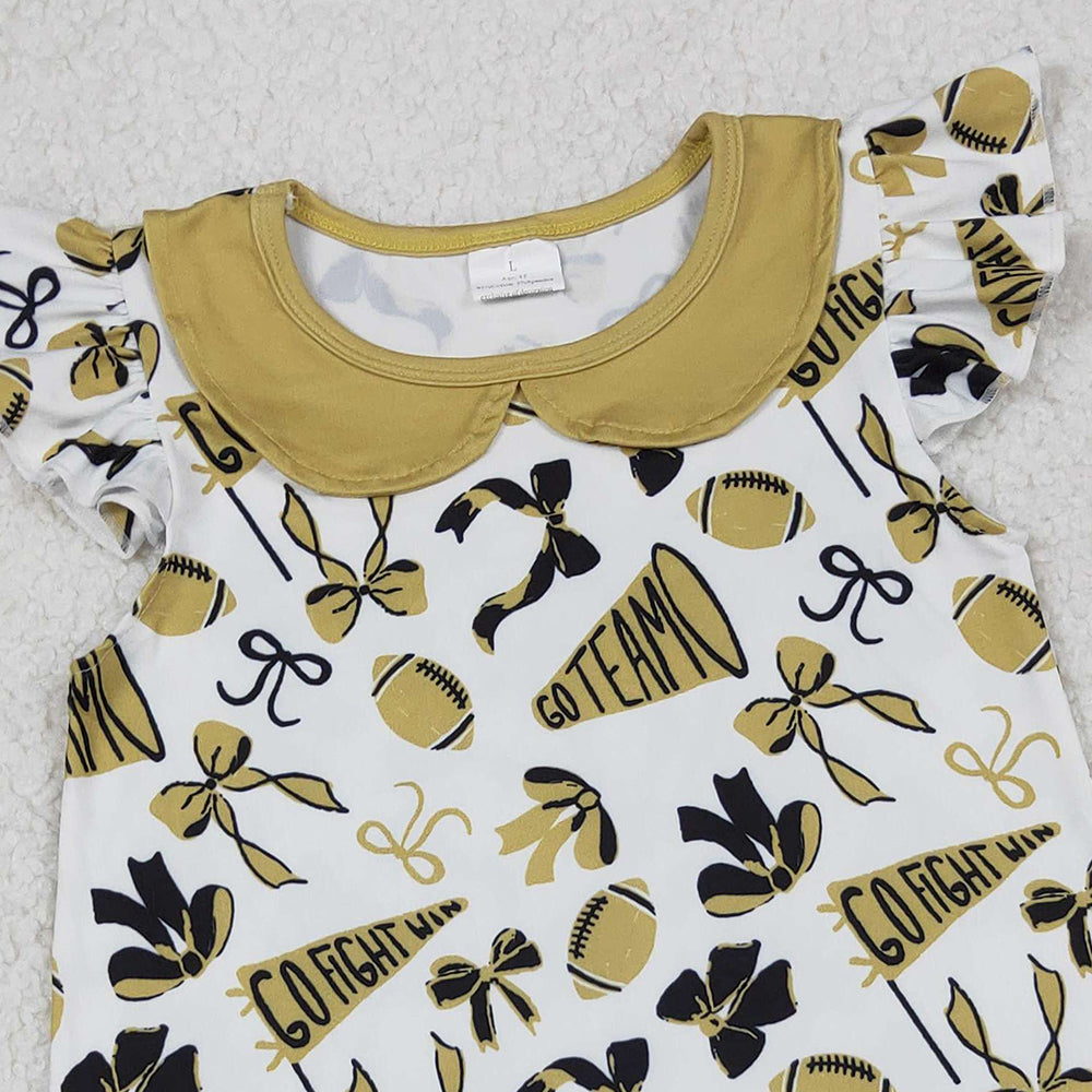 RTS NO MOQ （In stock）GSD2788  Baby Girls Summer Dress Flutter Sleeves Yellow Cheer Bows Team Knee Length Dresses