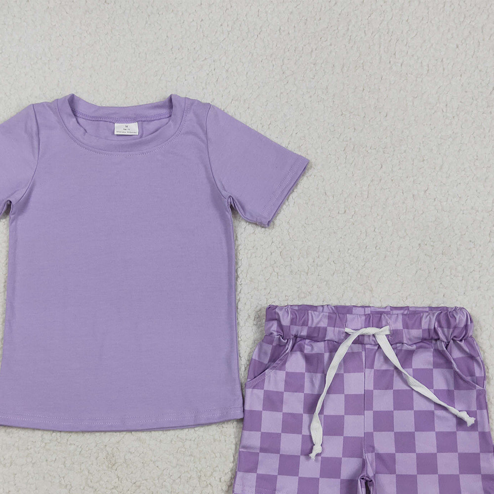 7.15  GSSO2524RTS NO MOQ Baby Girls Summer Outfits Baby Girls Lavender Short Sleeves Top Plaid Short Set