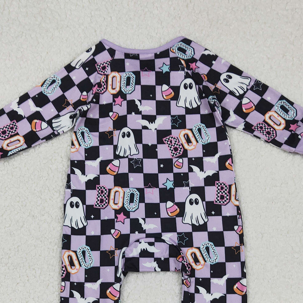 RTS NO MOQ （In stock）LR2541 Baby Girls Winter Rompers Lavender Plaid Boo Ghost Girls Halloween Zipper Romper for Kids Cute Scary Monster Costume Outfit