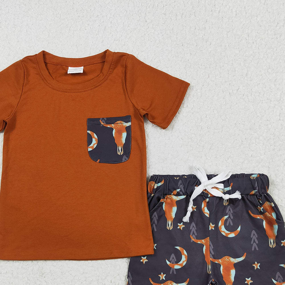 8.11  BSSO0758 RTS NO MOQ  Baby Boys Summer Boys Outfits Baby Boys Brown Shirt Top Cow Stars Western Shorts Clothes Sets