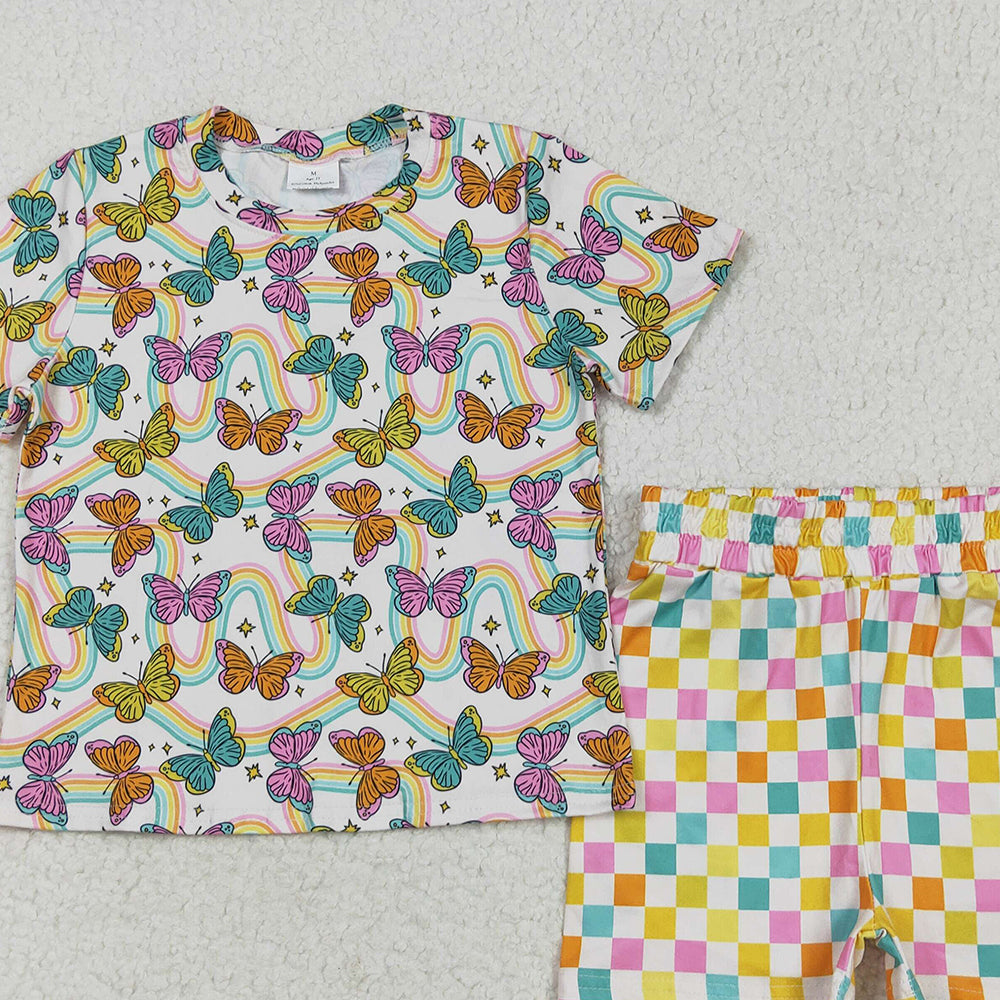GSSO2615 RTS NO MOQ Baby Girls Summer Outfits Baby Girls Short Sleeves Butterfly Rainbows Top Colorful Plaid Short Pajamas Set
