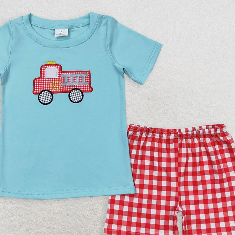 BSSO0549RTS NO MOQ Baby Boys Summer Boys Outfits  Baby Boys Fire Truck Shirt Top Checkered Shorts Clothes Sets