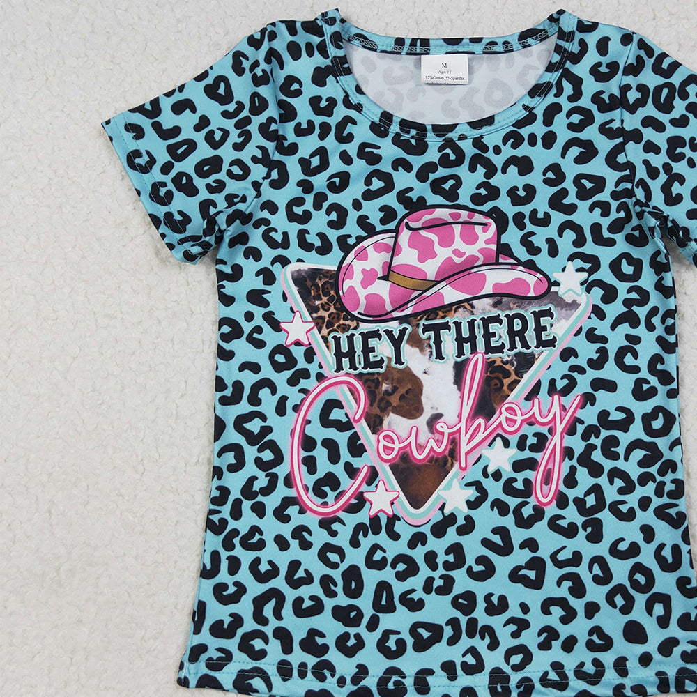GT0934 RTS NO MOQ Baby Girls Summer Tops Baby Girls Leopard Hey Cowboy Short Sleeve Tee Shirts Tops