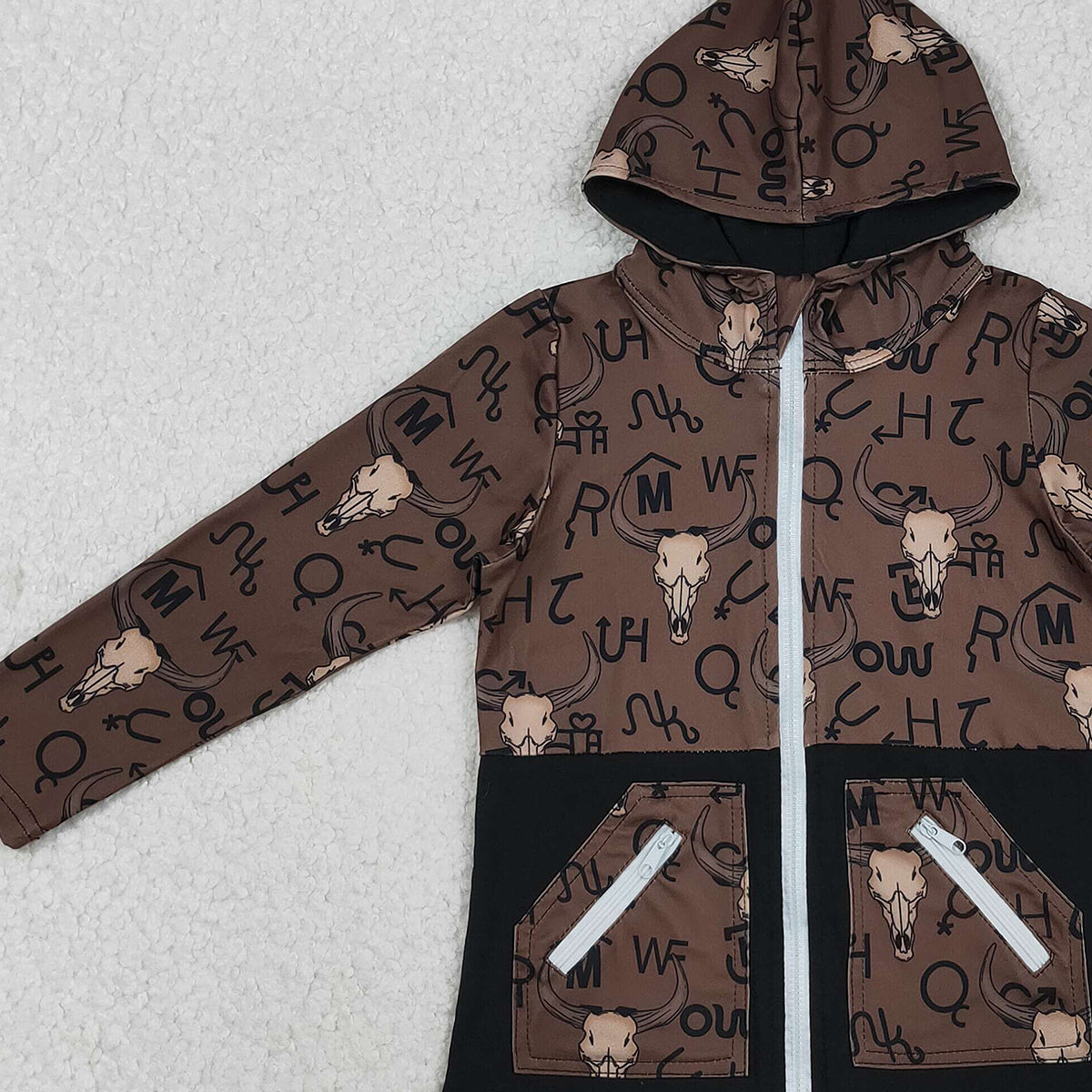11.12 RTS NO MOQ （In stock）BT1337 Baby Boys Brown Bull Skulls Pocket Zipper Western Hoodies Jackets Top