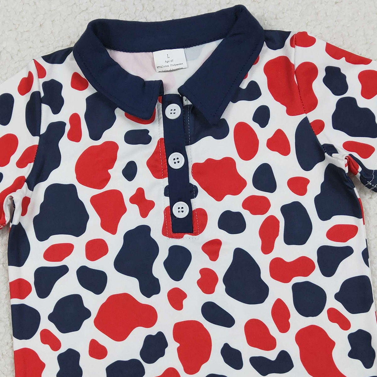 1.19 RTS NO MOQ （In stock）BT1657 Baby Boys Red Blue Cow Print 4th of July Button Polo Shirts Top
