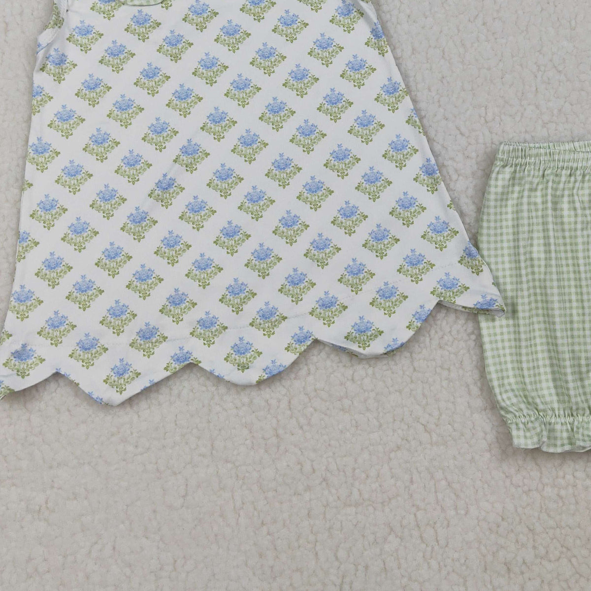 3.25 RTS NO MOQ （In stock）GSSO2850 Kids Clothing for Baby Girls Sleeveless Green Flowers Plaid Collar Tunic Ruffle Shorts Clothes Sets