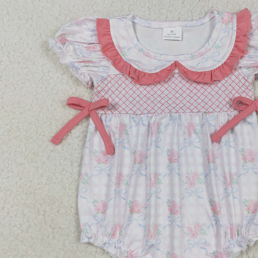6.10 SR2917 RTS NO MOQ Baby Girls Summer Rompers EmbroideryShort sleeves floral bow plaid baby girls summer romper
