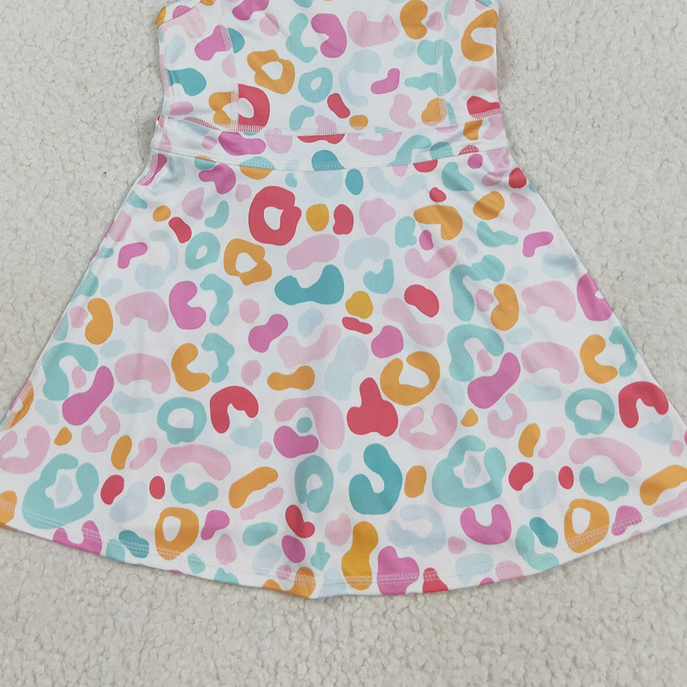8.20 RTS NO MOQ （In stock）GSD2645 Baby Girls Summer Yoga Dress Baby Girls Strap Pink Green Leopard Shorts Knee Length Dresses