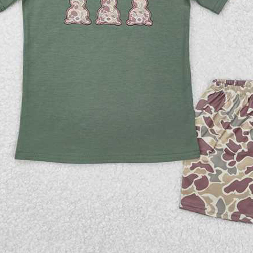 BSSO1004New Rts No Moq 8-9 Days By Air Arrived it Boys Camouflage Bunny Short Sleeve Top with Camouflage Shorts Easter Themed Outfit Set for Kids