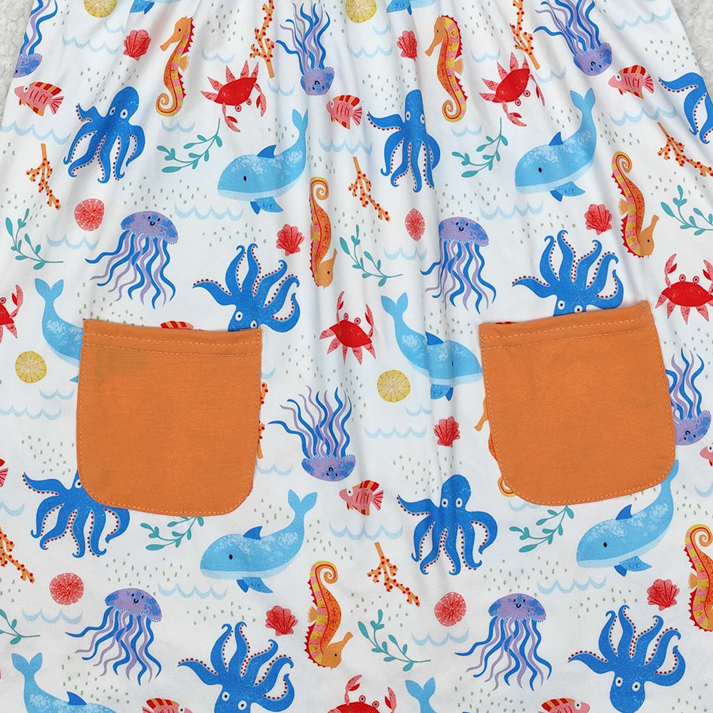 GSD1961Baby Girls Sleeveless Dress with Seahorse & Octopus Pockets Cute Sea Creature Print for Little Ones