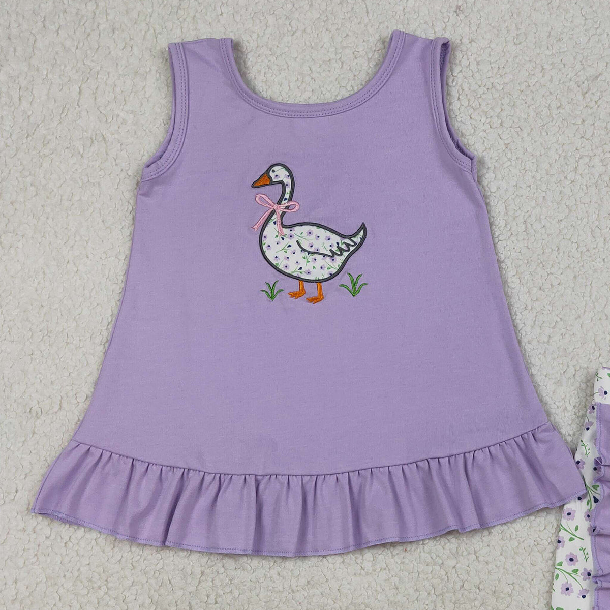 3.21 RTS NO MOQ （In stock）GSSO2774 Kids Clothing for Baby Girls Sleeveless Embroidery Floral Goose Lavender Tunic Ruffle Shorts Clothes Sets