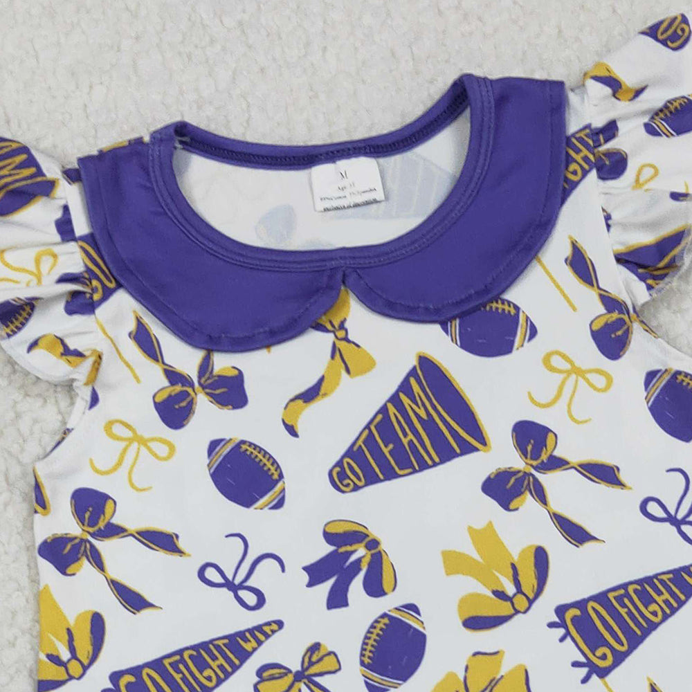 RTS NO MOQ （In stock）GSD2784 Baby Girls Summer Dress Flutter Sleeves Purple Cheer Bows Team Knee Length Dresses