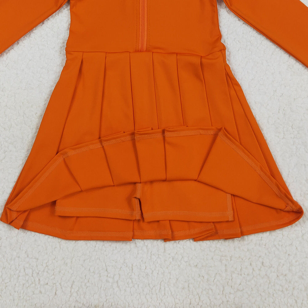 RTS NO MOQ （In stock）GLD1149 Baby Girls Yoga Dress Baby Girls Orange Long Sleeves Zipper Knee Length Dresses