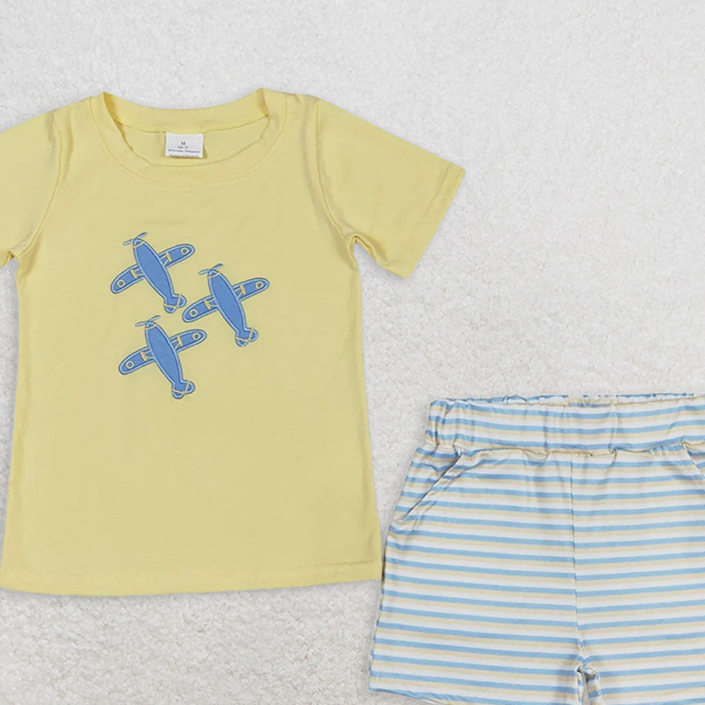 BSSO0696 RTS NO MOQ Baby Boys Summer Boys Outfits  Baby Boys Planes Short Sleeve Tee Shirts Stripes Shorts Clothes Sets