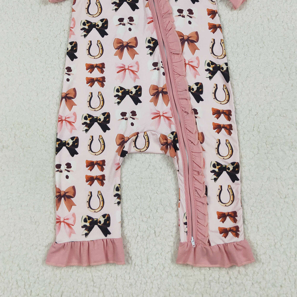 RTS NO MOQ （In stock）SR3116  Baby Girls Summer Rompers Baby Girls Pink Short Ruffle Sleeves Bows Horse Shoes Zipper Rompers