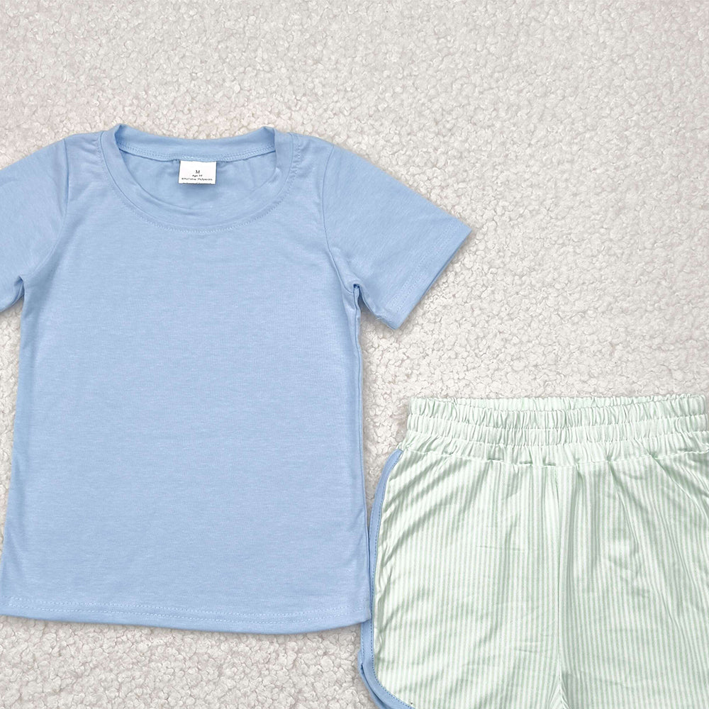 BSSO1481 RTS NO MOQ Baby Boys Summer Boys Outfits Baby Boys Summer Blue Top Green Shorts Set