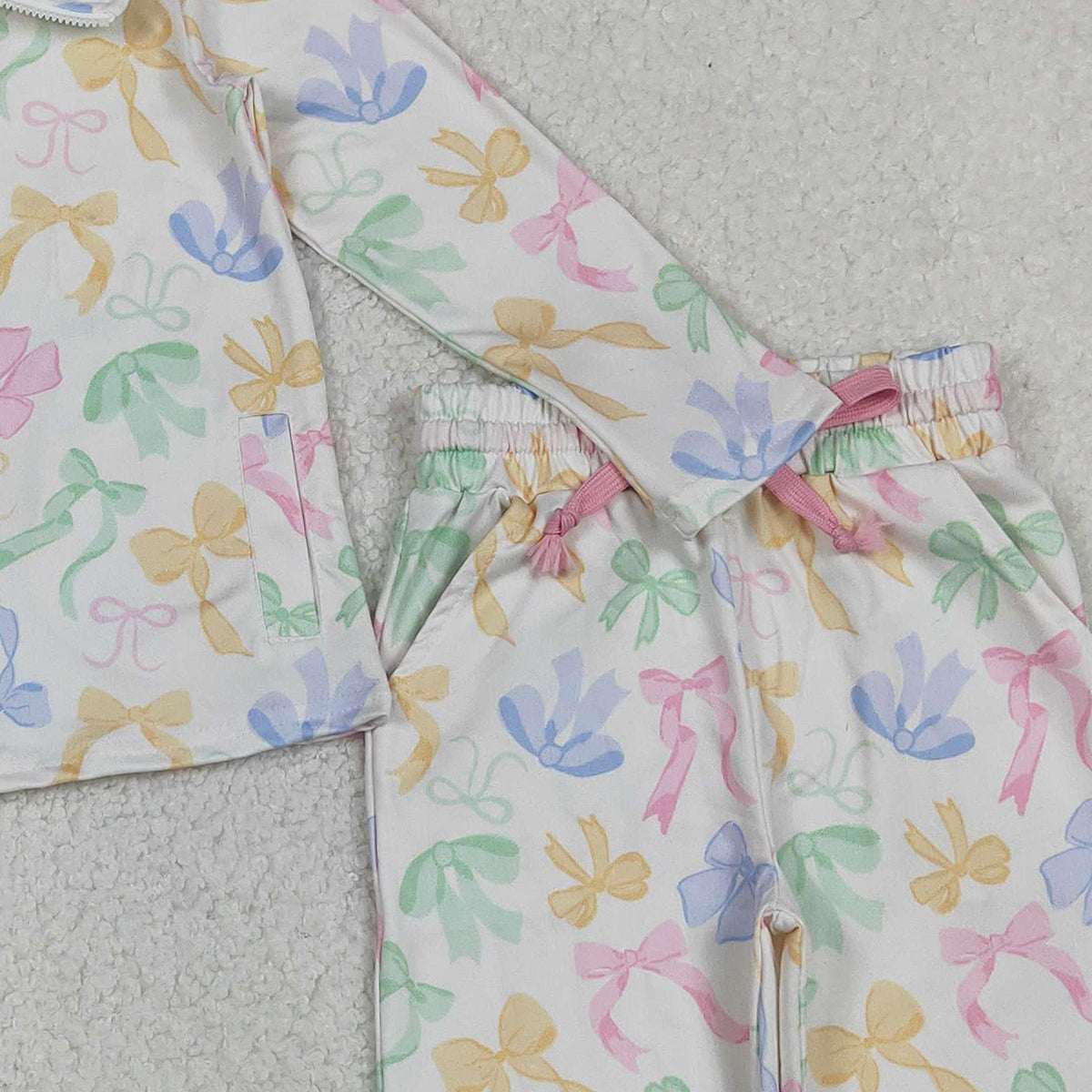 10.29 RTS NO MOQ （In stock）GLP2886 Baby Girls Colorful Bows Pockets Zipper Pullover Jogger Pants Clothes Sets