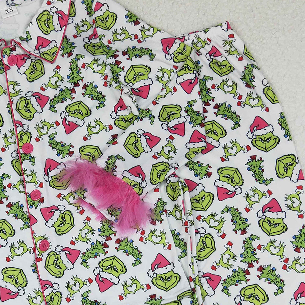 RTS NO MOQ （In stock）GLP2648 Adult women's pajamas set Pink Fur Christmas Pajamas with Green Face Button down Sleepwear for Holiday Comfort