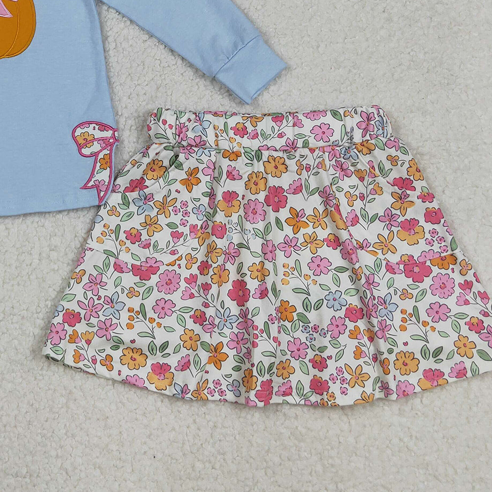 RTS NO MOQ （In stock）GLD1172 Baby Girls Skirt Sets Blue Long Sleeves Bows Pumpkin Top with Flowers Skorts Children's Outfit Set