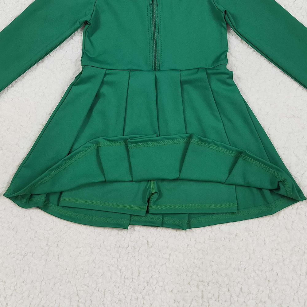 RTS NO MOQ （In stock）GLD1148 Baby Girls Yoga Dress Baby Girls Green Long Sleeves Zipper Yoga Athletic Knee Length Dresses