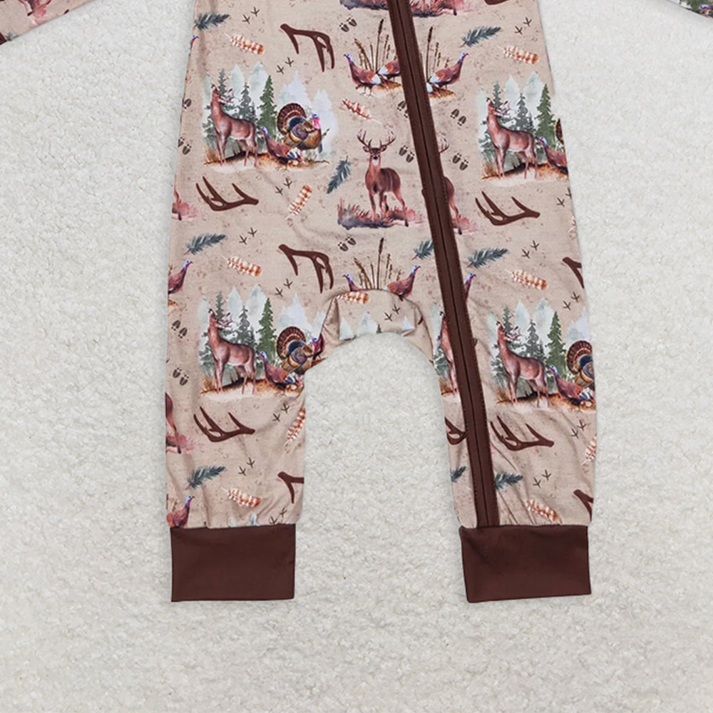 USA Shop (in stock) LR1014RTS NO MOQ Baby Boys Winter Outfits  Modal Deerhorn Turkey Brown Zipper Long Sleeve Bodysuit