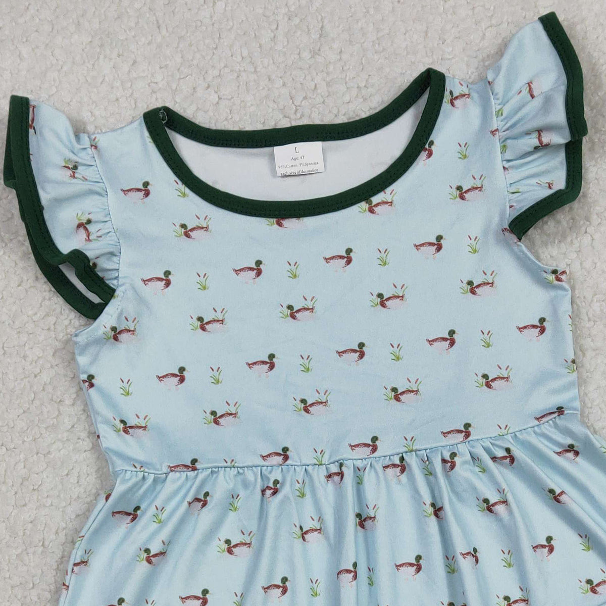 3.5 RTS NO MOQ （In stock）GSD3679 Kids Fashion Flutter Sleeve Ducks Pockets Hunting Knee Length Dress