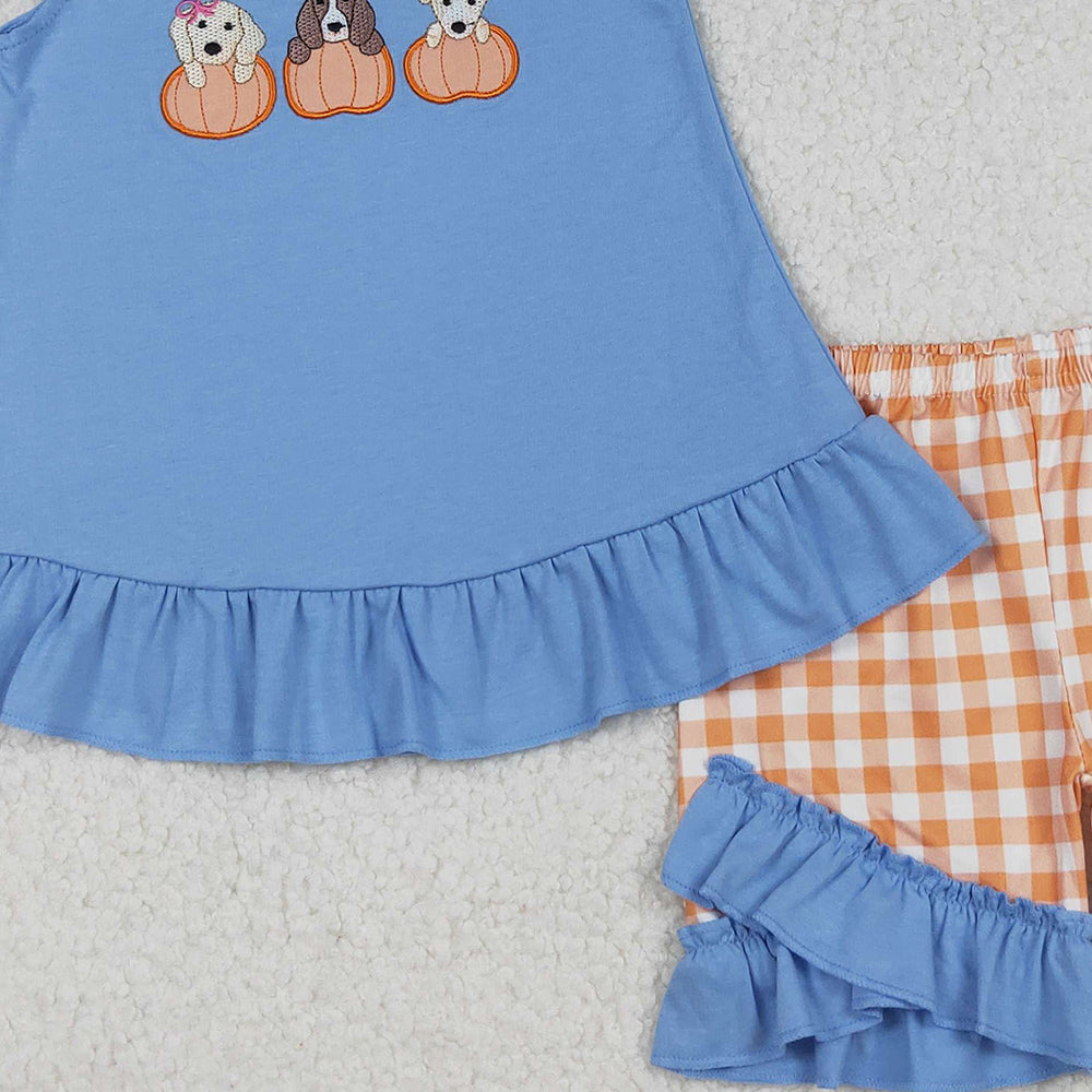 RTS NO MOQ （In stock）GSSO2700  Baby Girls Summer Outfits Embroidery Dogs Pumpkins Tunic Ruffle Shorts Clothes Sets