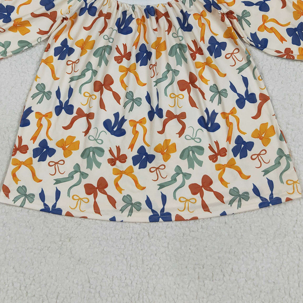RTS NO MOQ （In stock）GLD1086 Baby Girls Winter Dress Smocked Embroidery Baby Girls Thanksgiving Thankful Colorful Bows Knee Length Dresses