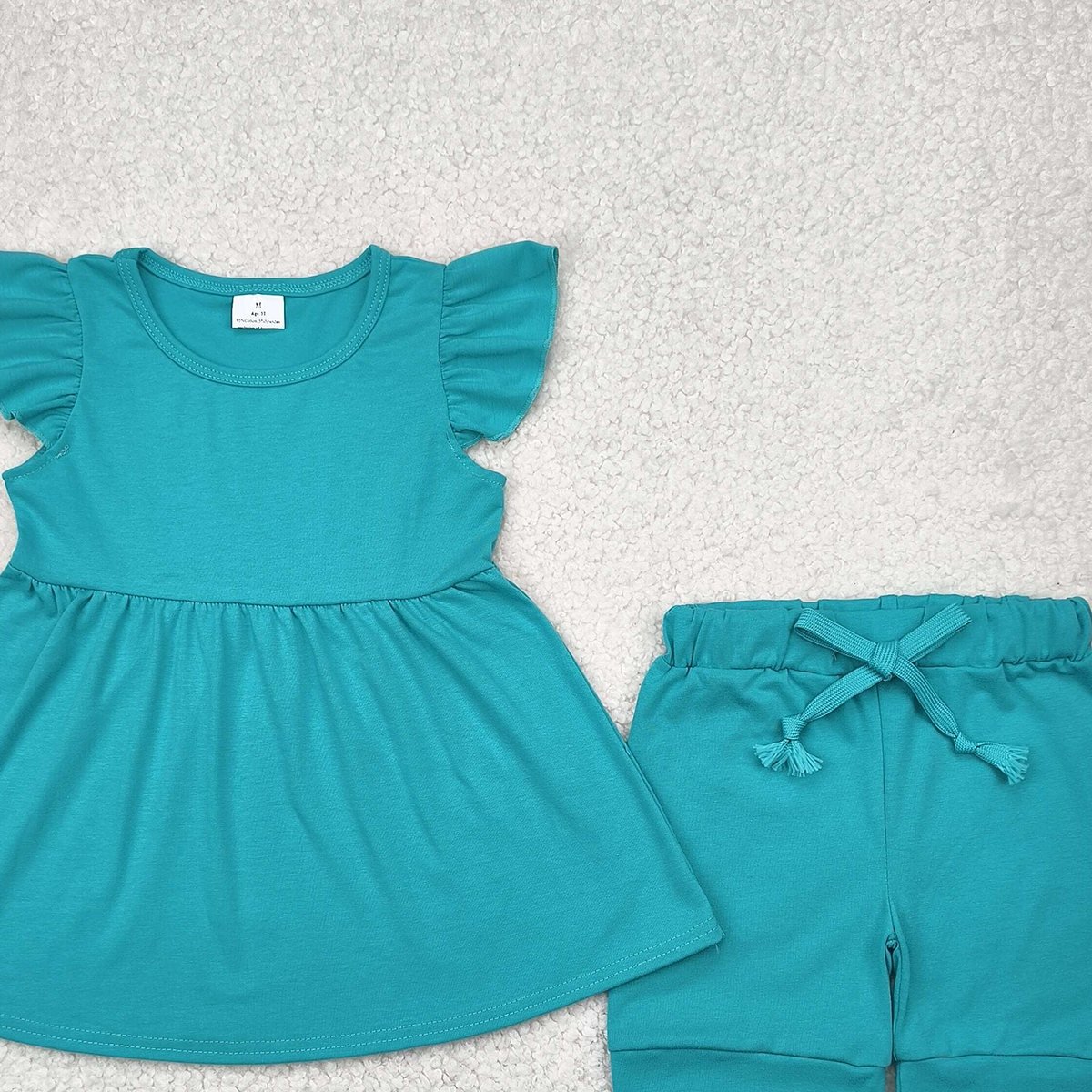 GSSO1731 RTS NO MOQ Baby Girls Summer Outfits  Teal flutter sleeves cotton tunic shorts kids girls clothes
