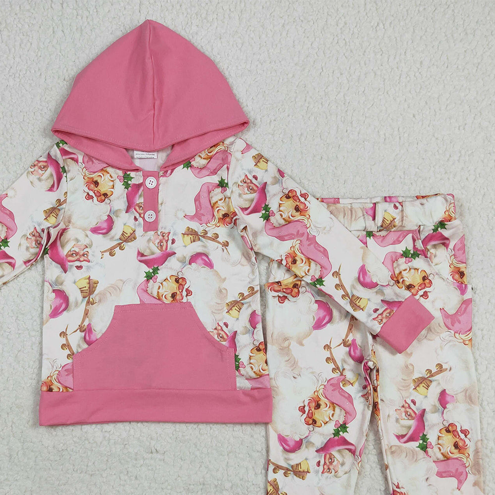 RTS NO MOQ （In stock）GLP2474  Baby Girls Winter Outfits Baby Girls Pink Christmas Santa Button Hoodies Pockets Pant Sets